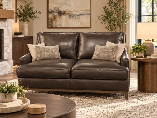 Klaussner dark brown leather loveseat featured in our catalog