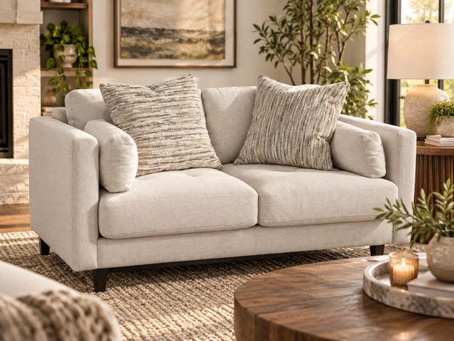 Macy’s Bauhaus 672K 2-Seat Fabric Loveseat with Feather Accent Pillows – Cream