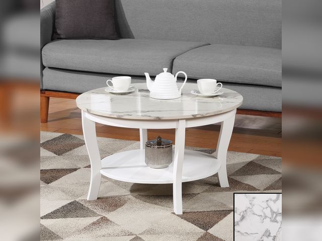 Convenience Concepts American Heritage Round Coffee Table with Shelf in White Wood and Faux Marble